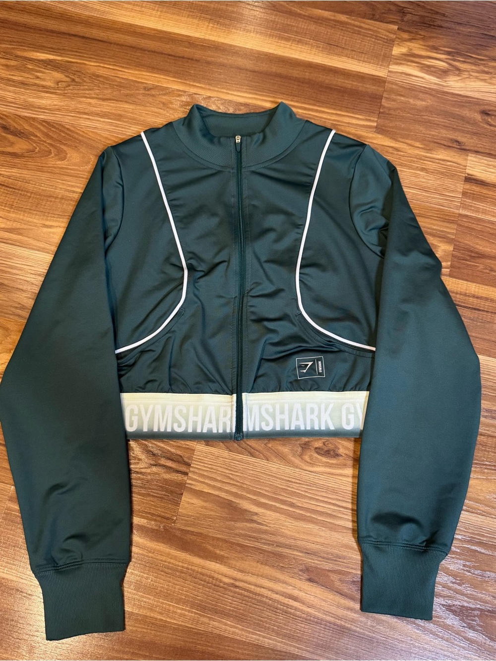 Gymshark Forest Green Cropped Track Bomber Jacket with White Piping, Size Medium